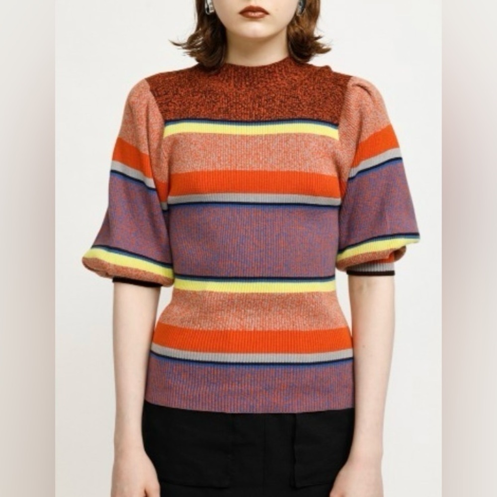 SLY Colorful Striped Puff Sleeve Sweater